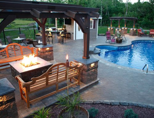 Stone patio with bonfire, pool, grilling area