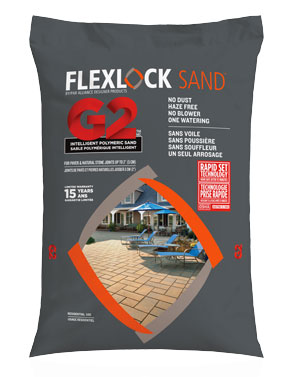 FLEXLOCK SAND G2 bag FOR JOINTS UP TO 2” (5 CM) IN TRADITIONAL APPLICATIONS NO DUST • HAZE FREE • NO BLOWER • ONE WATERING RAIN SAFE IN 15 MINUTES