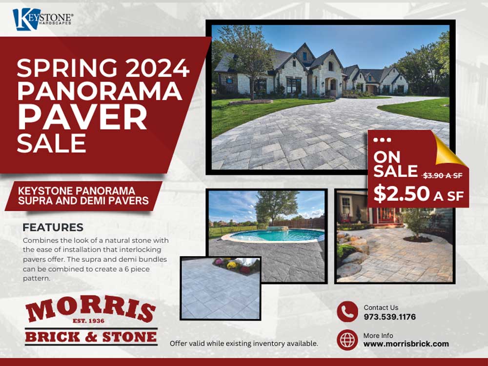 KEYSTONE PANORAMA SUPRA AND DEMI PAVERS on sale $2.50 per square foot. Combines the look of a natural stone with the ease of installation that interlocking pave rs offer. The supra and demi bundles can be combined to create a 6 piece pattern. Offer valid while existing inventory is available.