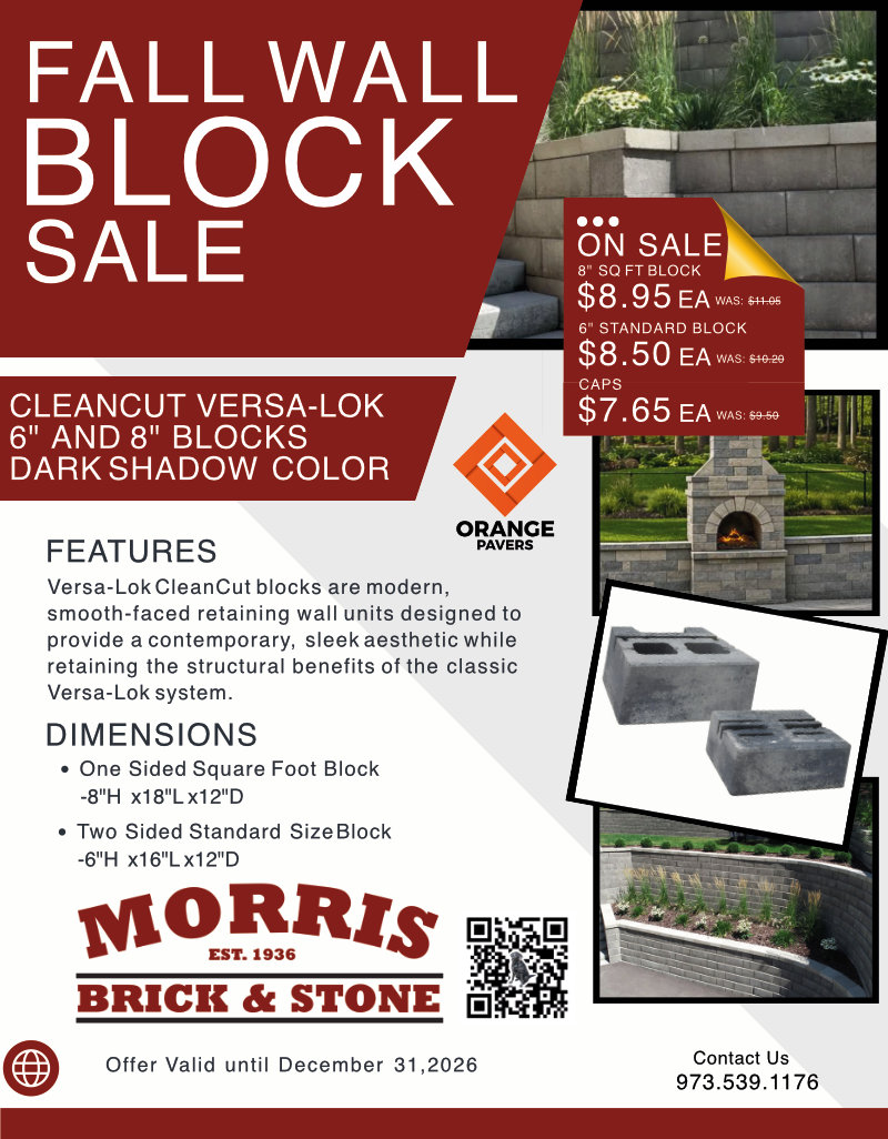 Fall Wall Block Sale CLEANCUT VERSA-LOK 6" AND 8" BLOCKS DARK SHADOW COLOR Versa-Lok CleanCut blocks are modern, smooth-faced retaining wall units designed to provide a contemporary, sleek aesthetic while retaining the structural benefits of the classic Versa-Lok system. Offer Valid until December 31, 2026
